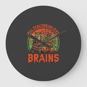 All Teachers Love Brains Halloween Pumpkins Owl Bo Large Clock