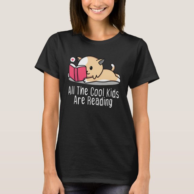 All the Cool Kids are Reading Book Cat T-Shirt (Front)