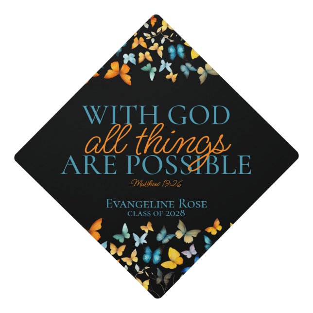 All Things are Possible with God Butterfly (Black) Graduation Cap Topper (Front)