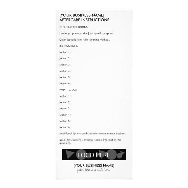 All type Small Business Aftercare Instruction Rack Card (Front)