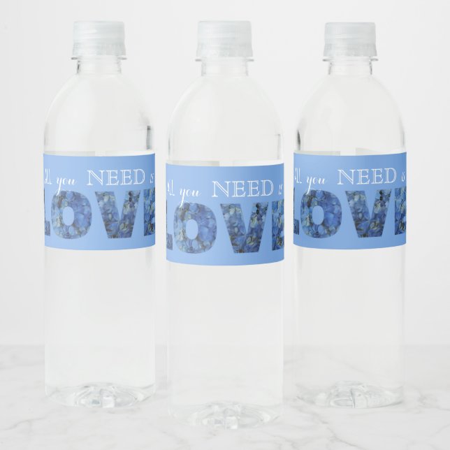 All U need is LOVE Periwinkle Blue Hydrangeas Water Bottle Label (Bottles)