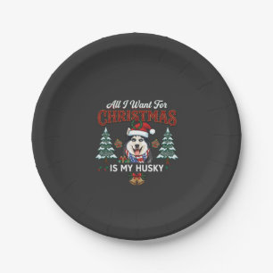 All Want Christmas Is Husky Dog Santa Hat Paper Plate