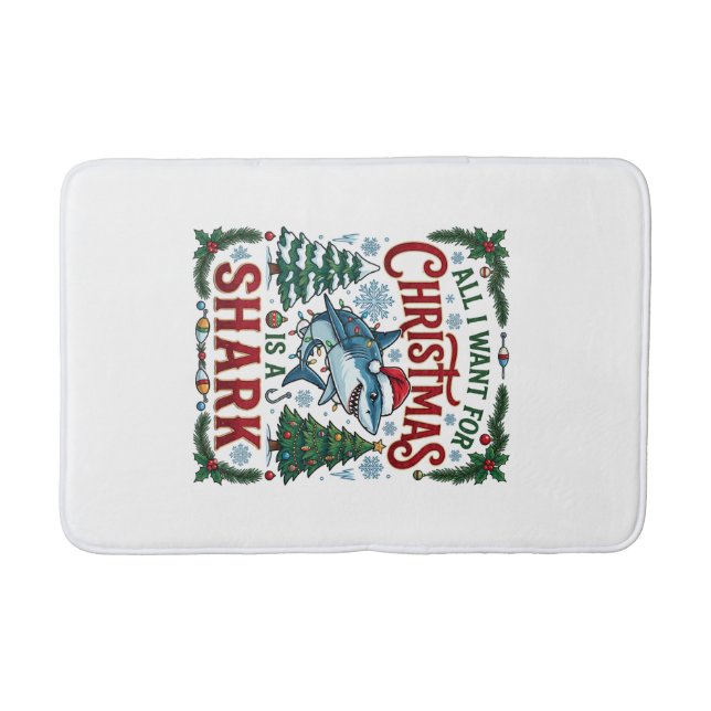 All Want Christmas Shark Pine Trees Bath Mat (Front)