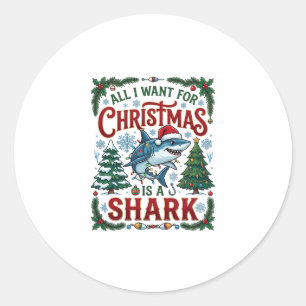 All Want Christmas Shark Pine Trees Classic Round Sticker