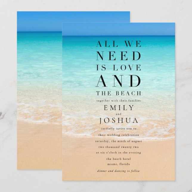 All We Need is Love and the Beach Wedding Invitation (Front/Back)