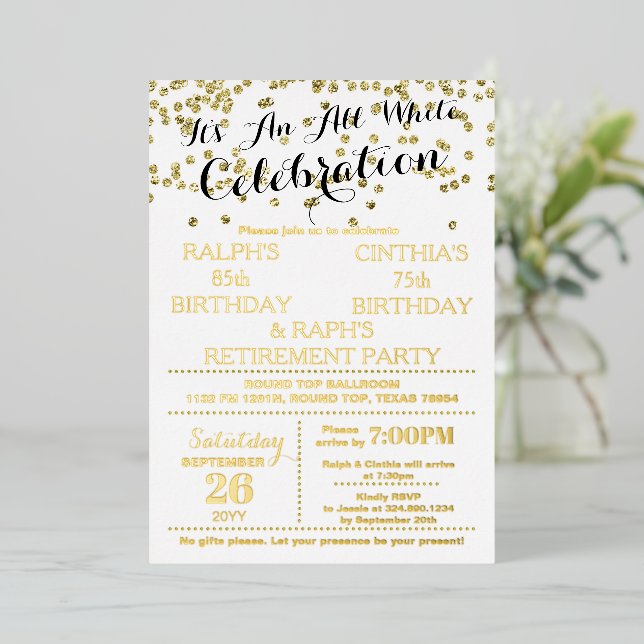 All White Celebration Gold Foil Text Invitation (Standing Front)