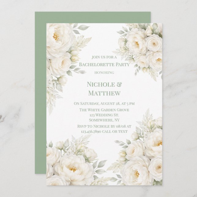 All White Floral Bachelorette Party Invitation (Front/Back)