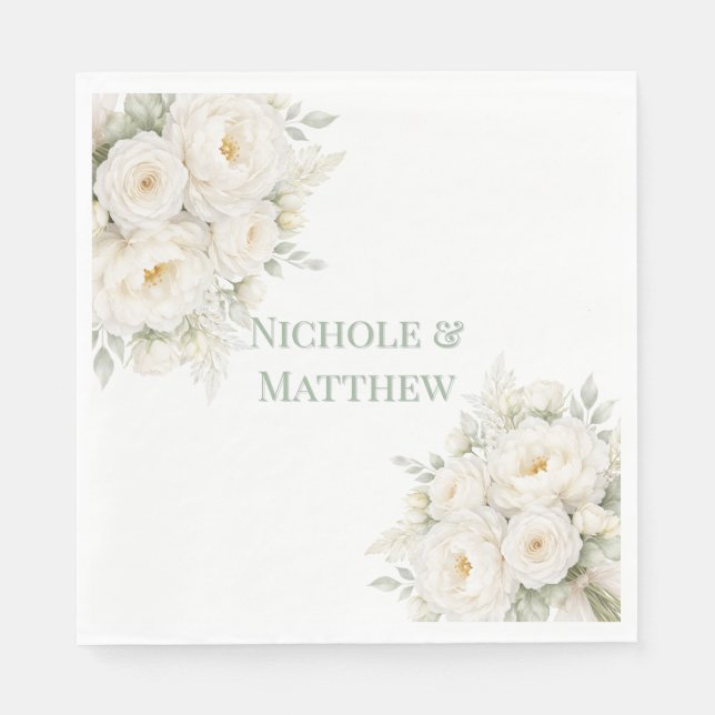All White Floral Wedding Napkin (Front)