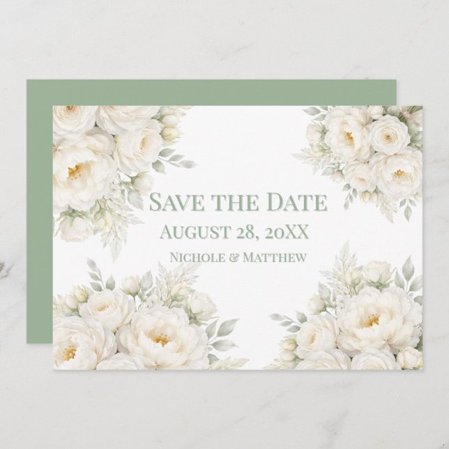 All White Floral Wedding Save the Date (Devant / Derrière)