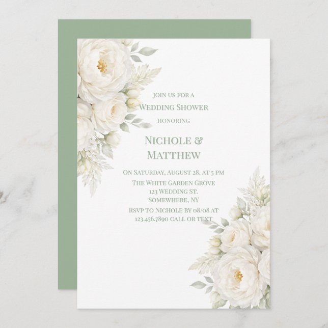 All White Floral Wedding Shower Invitation (Front/Back)