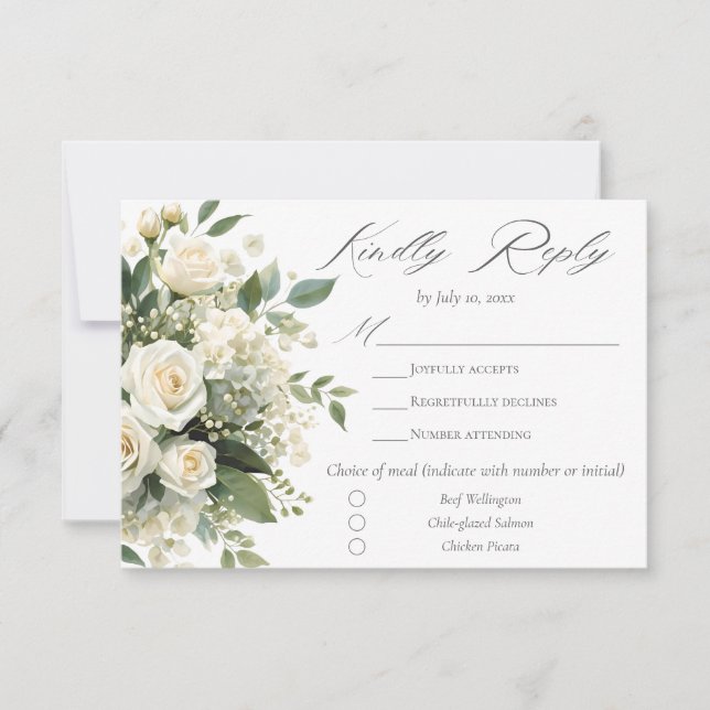 All White Hydrangeas Roses Elegant Floral Wedding RSVP Card (Front)