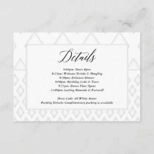 All White Party Birthday Details Insert Card