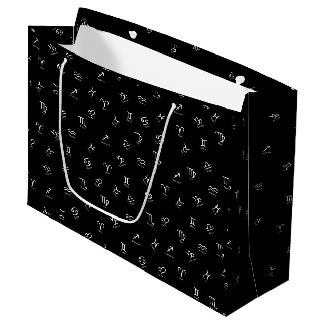 All White Zodiac Signs on Black Background Large Gift Bag (Front Angled)