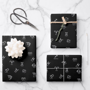 All White Zodiac Signs on Black Background Wrapping Paper Sheet