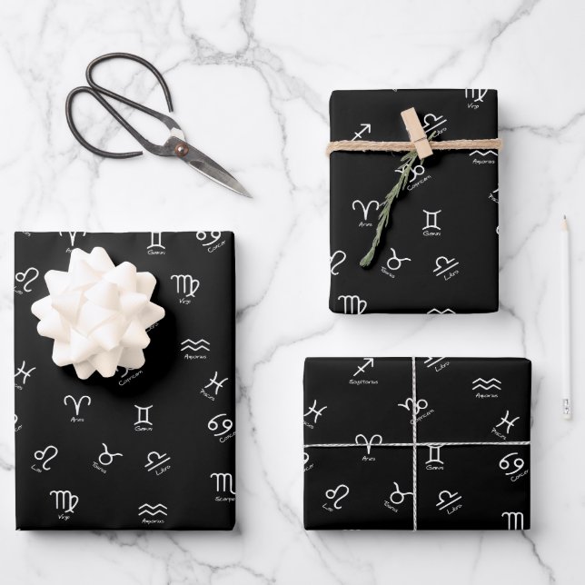 All White Zodiac Signs on Black Background Wrapping Paper Sheet (Front)