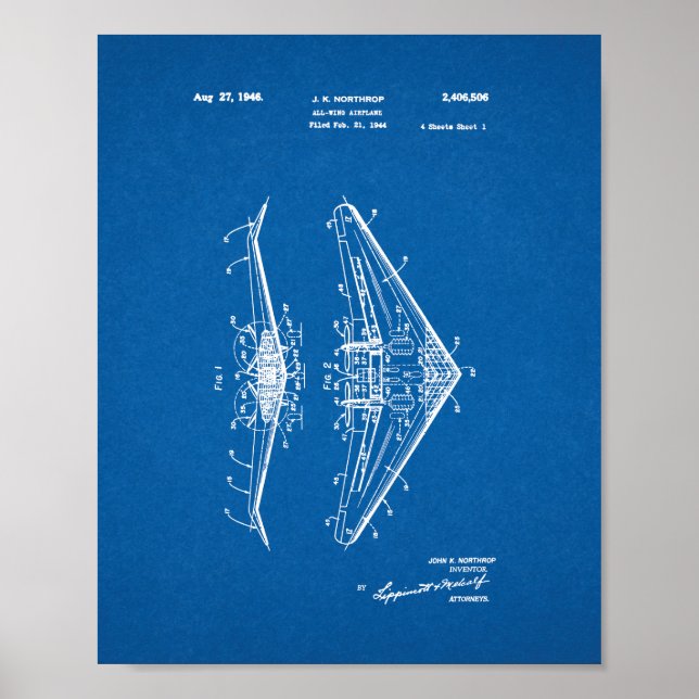 All-wing Airplane Patent - Blueprint Poster (Front)
