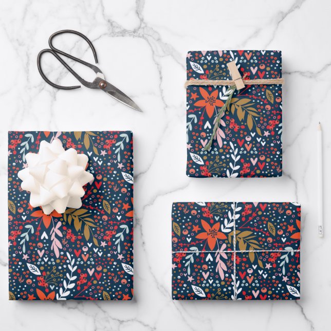All Year Navy Floral Gift Wrapping Paper Sheet (Front)