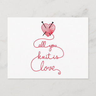 All you knit is love with heart shaped red yarn postcard