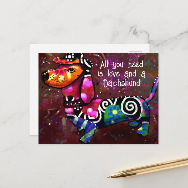 All You Need Is Love and a Dachshund Abstract Art Postcard (Front/Back In Situ)