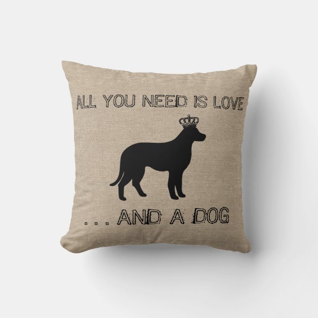 All you need is love and a dog funny linen burlap throw pillow (Front)