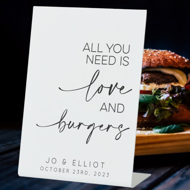 All You Need Is Love And Burgers Wedding Food Pedestal Sign (All you need is love and burgers, wedding bbq sign)