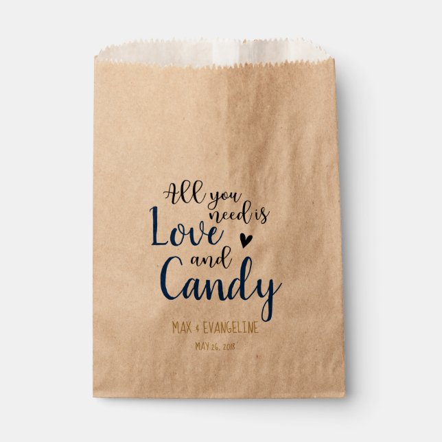 All You Need Is Love and Candy Navy and Gold Favour Bag (Front)