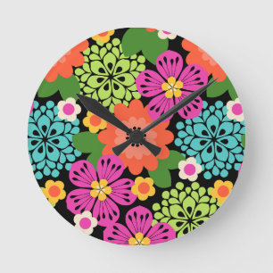 Allana Garden Hawaiian Graphical Floral - Black Round Clock