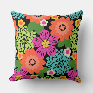Allana Garden Hawaiian Graphical Floral - Black Throw Pillow