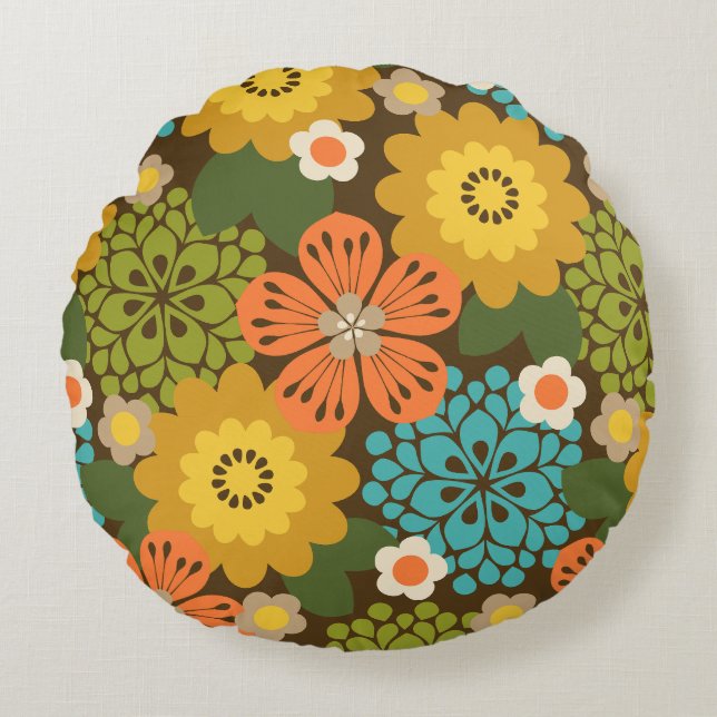 Allana Garden Hawaiian Graphical Floral - Brown Round Pillow (Front)