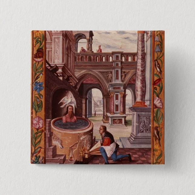 Allegorical illustration of an Alchemist at 2 Inch Square Button (Front)