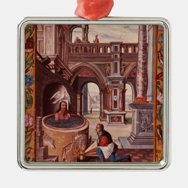 Allegorical illustration of an Alchemist at Metal Ornament
