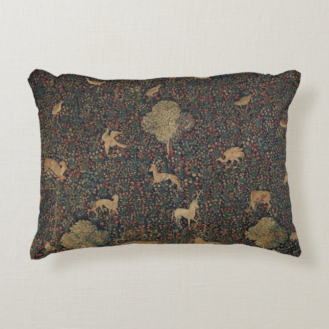 Allegorical Millefleurs Tapestry with Animals Accent Pillow (Front)