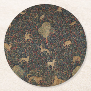 Allegorical Millefleurs Tapestry with Animals Round Paper Coaster
