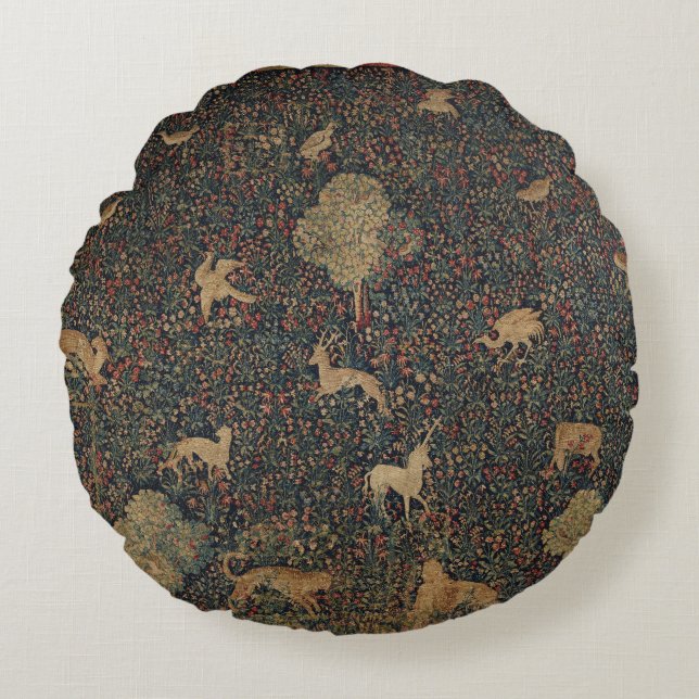 Allegorical Millefleurs Tapestry with Animals Round Pillow (Front)