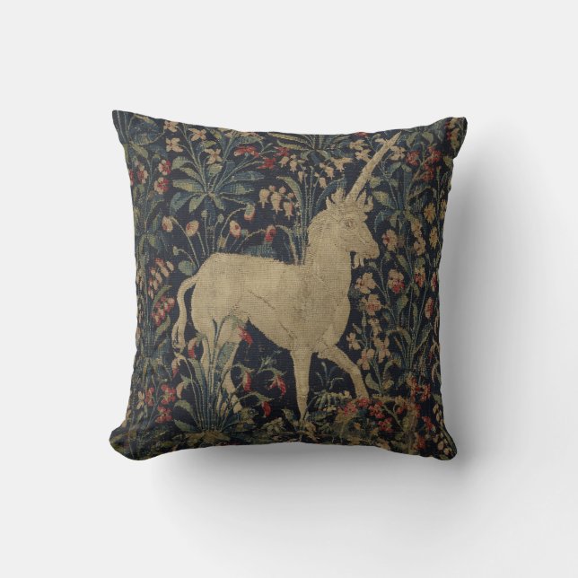 Allegorical "Millefleurs" Tapestry with Animals Throw Pillow (Front)