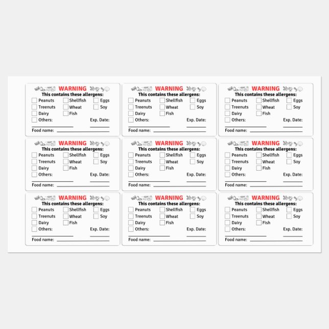 Allergen Labels with Food Name for Food Containers (Sheet)
