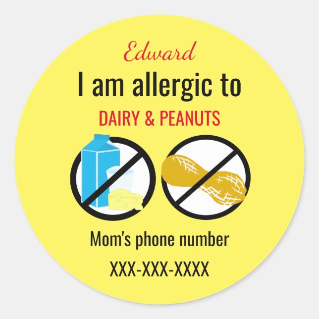 Allergic to Peanuts and Dairy Kids Personalized Classic Round Sticker (Front)