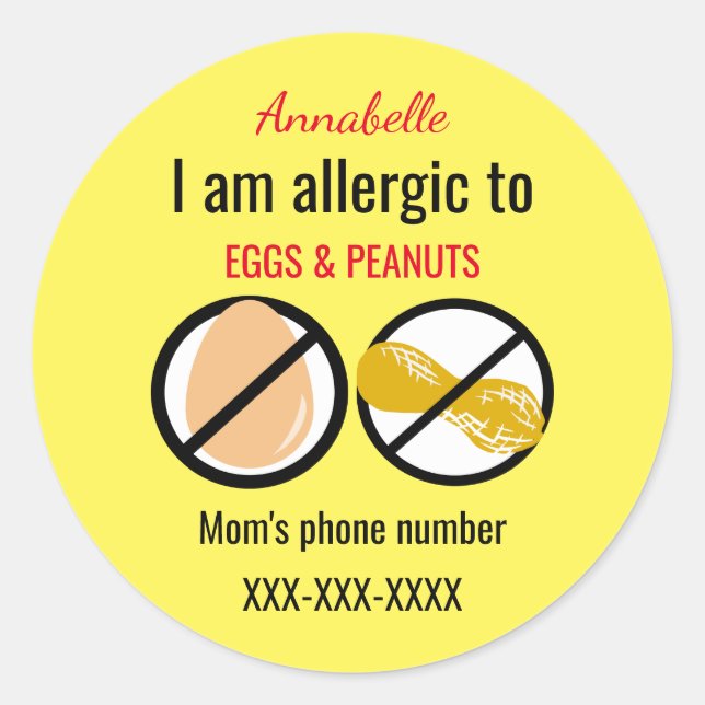 Allergic to Peanuts and Eggs Kids Personalized Classic Round Sticker (Front)