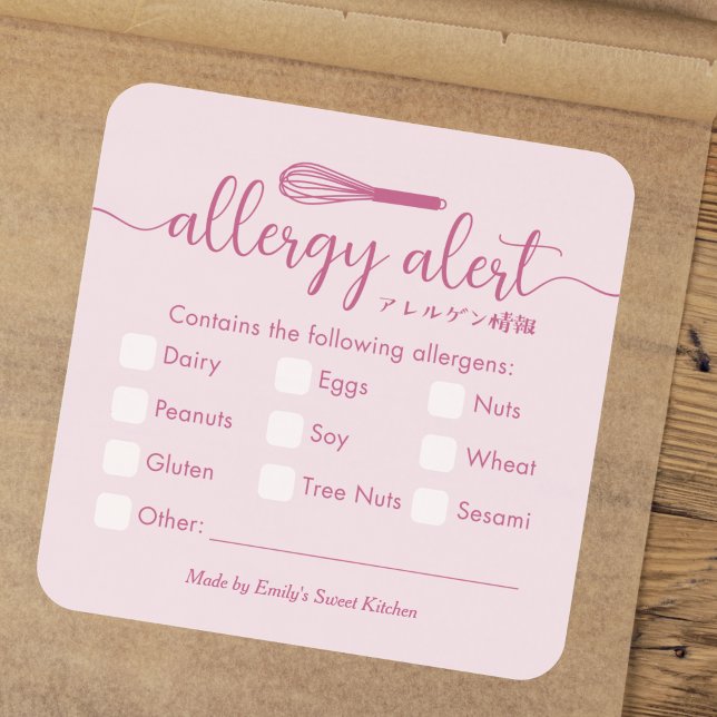 Allergy Alert Allergen Warning Pink Whisk Square Sticker (Creator Uploaded)