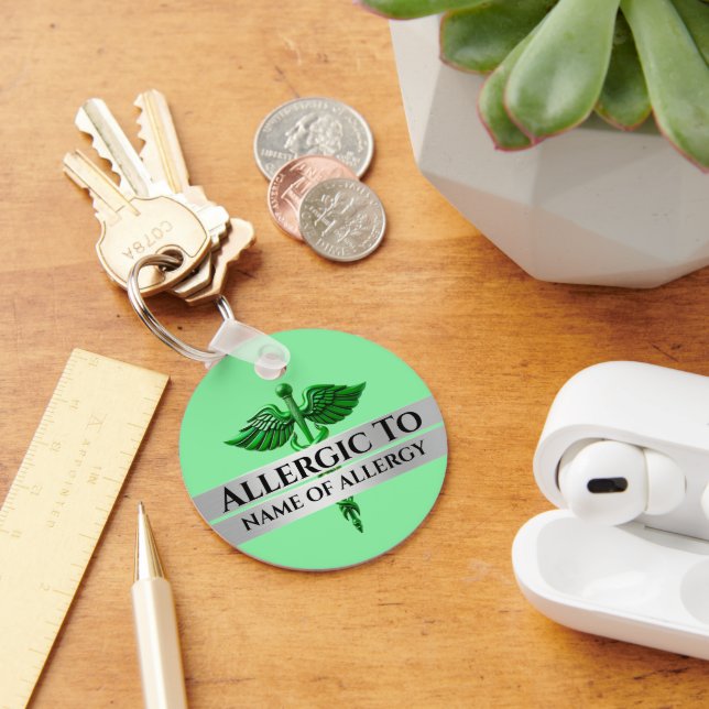 Allergy alert allergic to green SILVER caduceus Keychain (Desk)