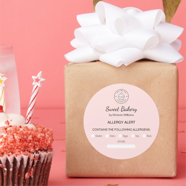 Allergy Alert Bakery Custom Logo Pink Classic Round Sticker (Party)
