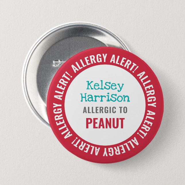Allergy Alert Customized Kids School 3 Inch Round Button (Front & Back)