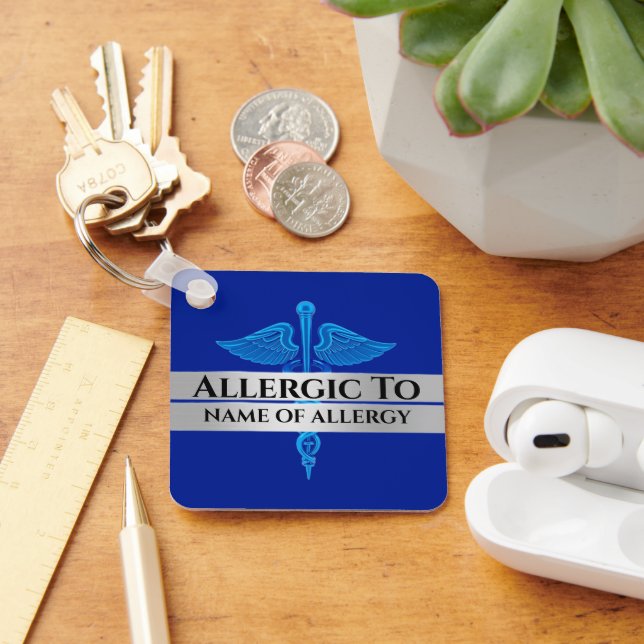 Allergy alert DIY allergic to blue SILVER caduceus Keychain (Desk)