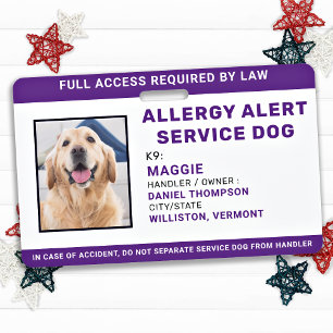Allergy Alert Service Dog Personalized Photo ID Badge