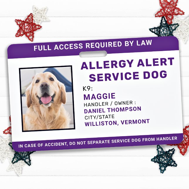 Allergy Alert Service Dog Personalized Photo ID Badge (Creator Uploaded)