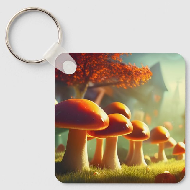 Alley of cute mushrooms colourful magical scenery keychain (Front)