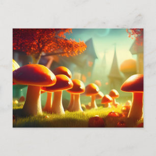 Alley of cute mushrooms colourful magical scenery postcard