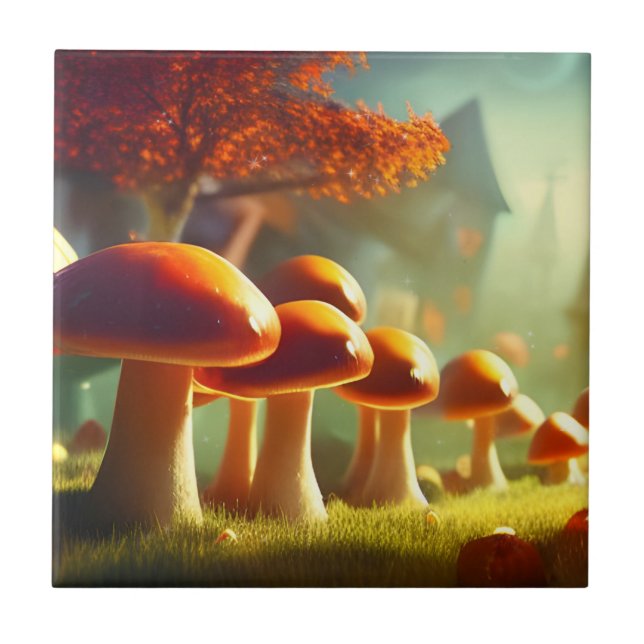 Alley of cute mushrooms colourful magical scenery tile (Front)