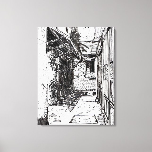 Alleyway Saigon Vietnam Cityscape Pen and Ink Art Canvas Print (Front)