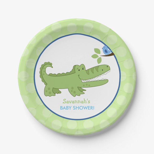 Alligator and Blue Bird Baby Shower Paper Plate (Front)